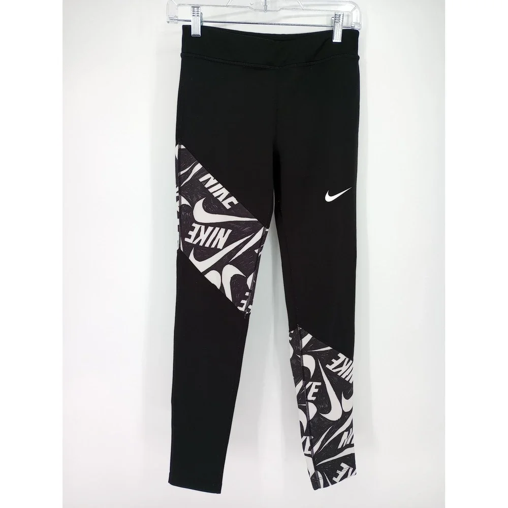 Nike Dri-Fit Leggings Girls XL Black White Swoosh Logo Graphic Activewear